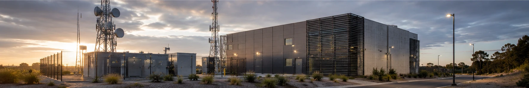 Secure power and communications facility at dusk