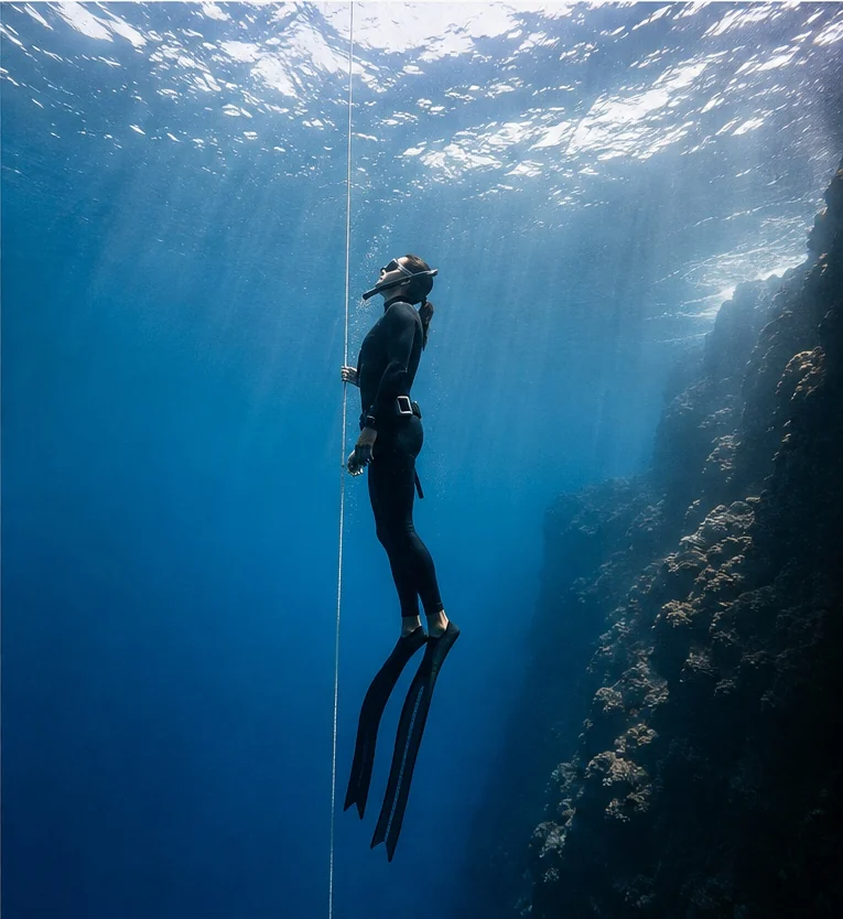 Freediver descending beside a vertical line in open water